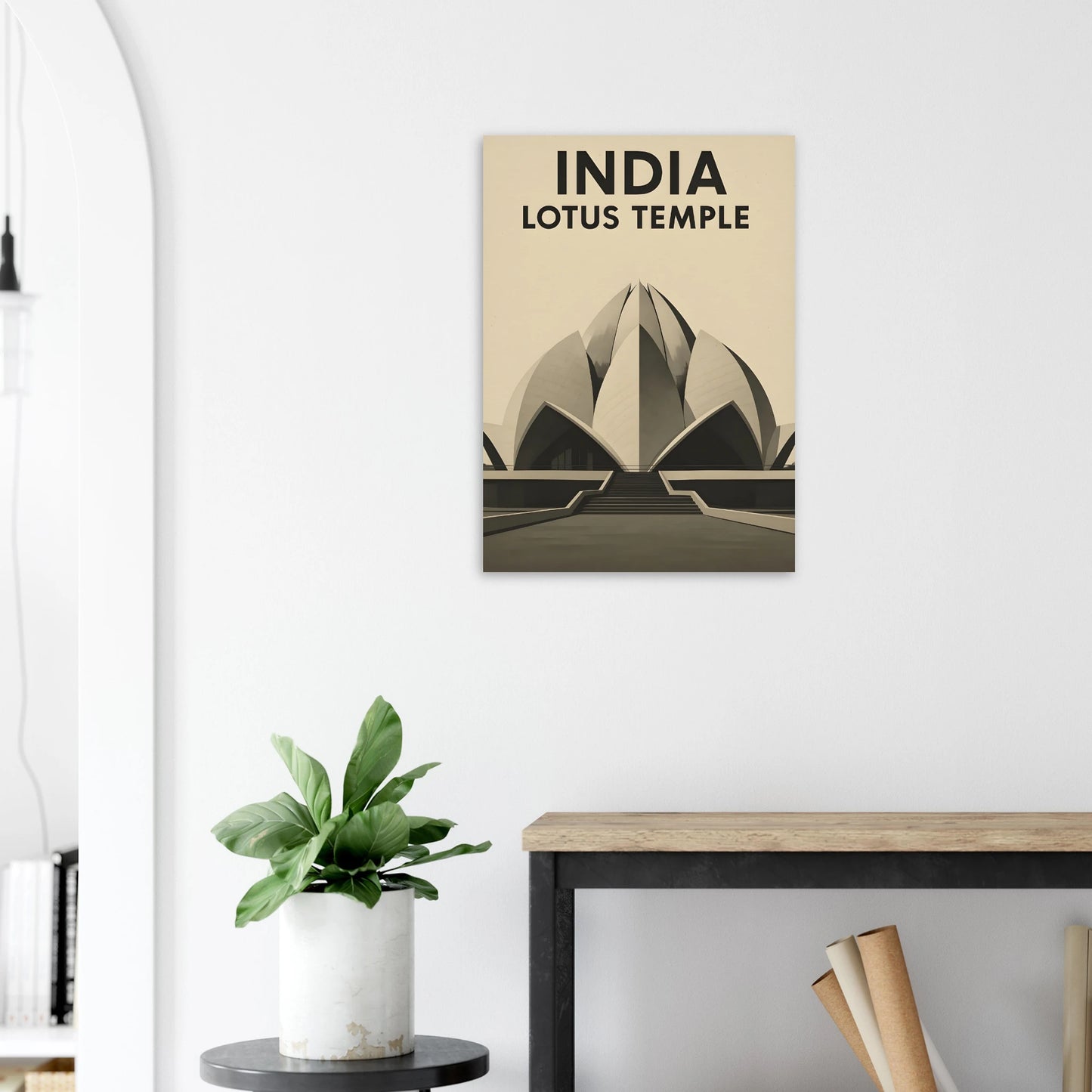 Delhi Lotus Temple – Minimalist Sepia Travel Poster - Canvasero