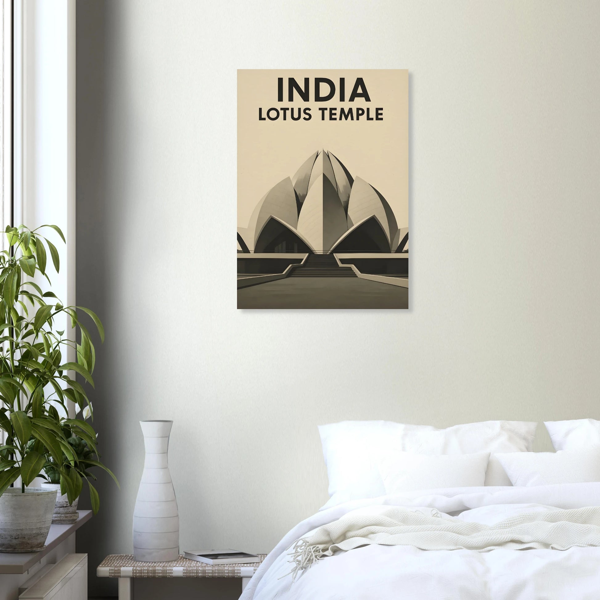 Delhi Lotus Temple – Minimalist Sepia Travel Poster - Canvasero